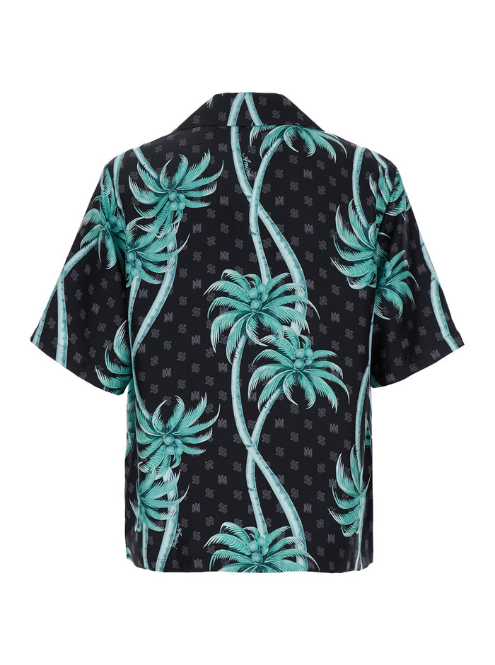 Multicolor Bowling Shirt With Cuban Collar And All-Over Print Silk Man Blouses