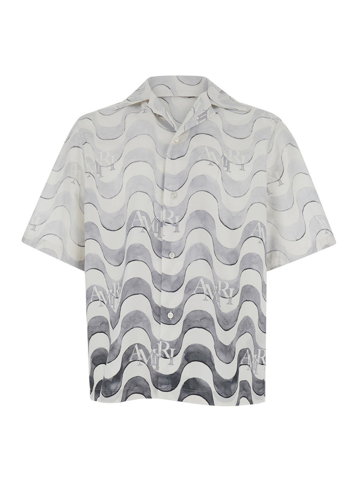 Grey Bowling Shirt With Wave Motif Cotton Man And Blouses