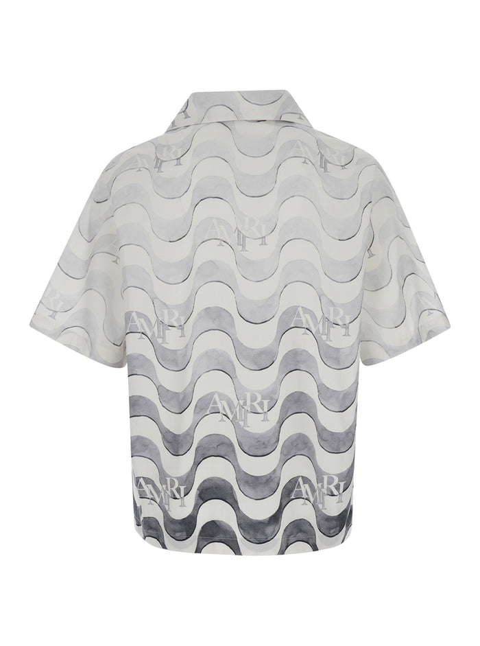 Grey Bowling Shirt With Wave Motif Cotton Man And Blouses
