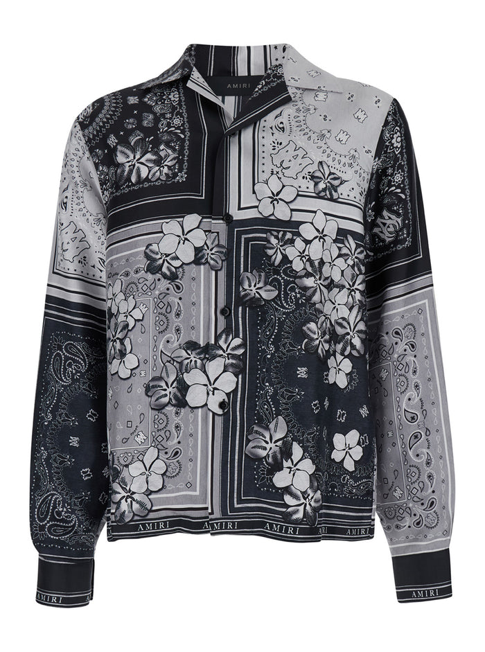 Black And White Shirt With Cuban Collar Bandana Motif Silk Man Blouses