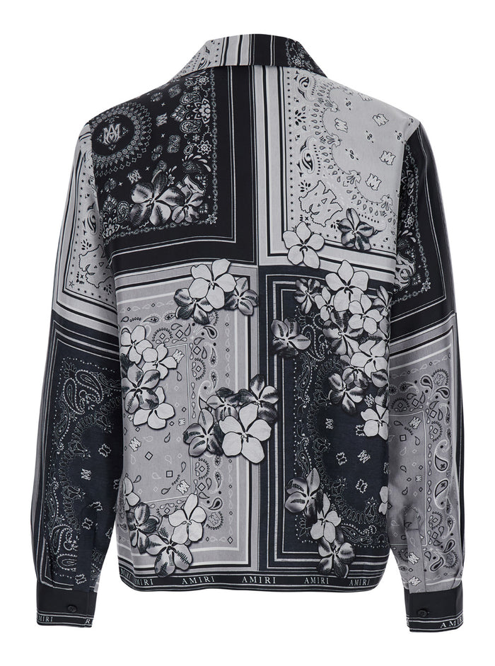 Black And White Shirt With Cuban Collar Bandana Motif Silk Man Blouses