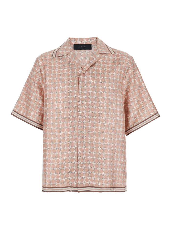 Pink Bowling Shirt With Ma Quad All-Over Print Silk Man And Blouses