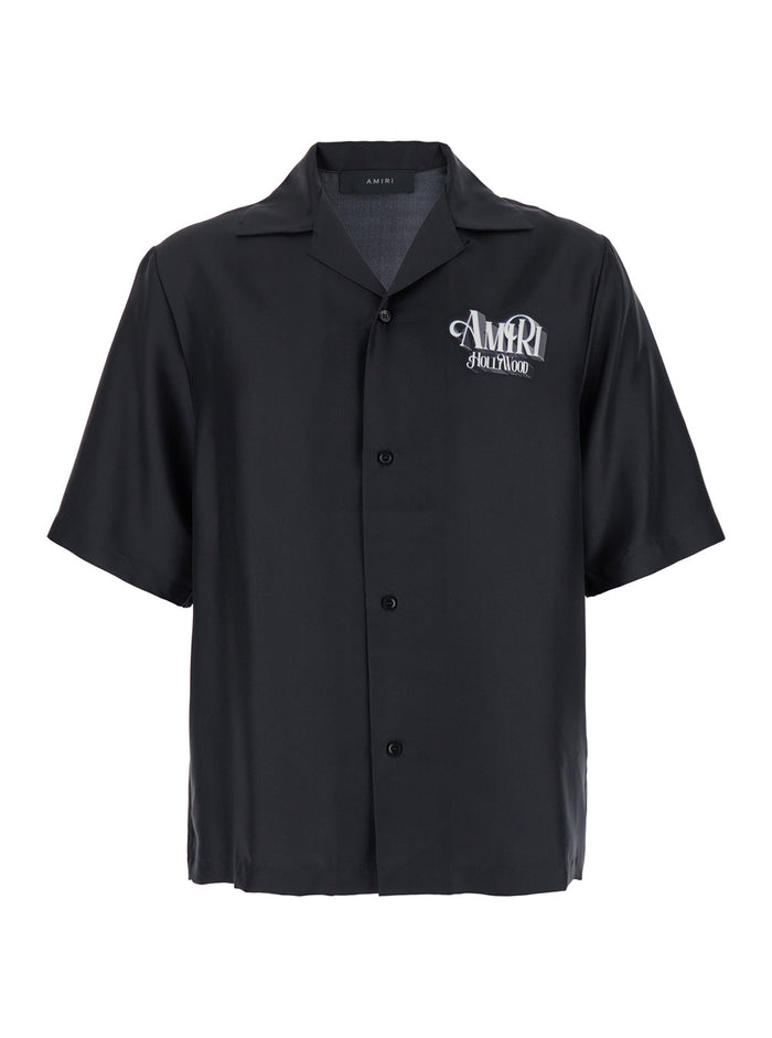 Hollywood Black Bowling Shirt With Logo Print Silk Man And Blouses