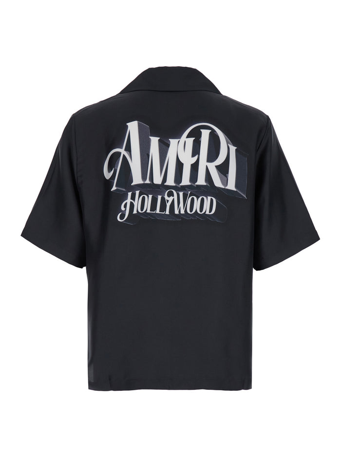 Hollywood Black Bowling Shirt With Logo Print Silk Man And Blouses