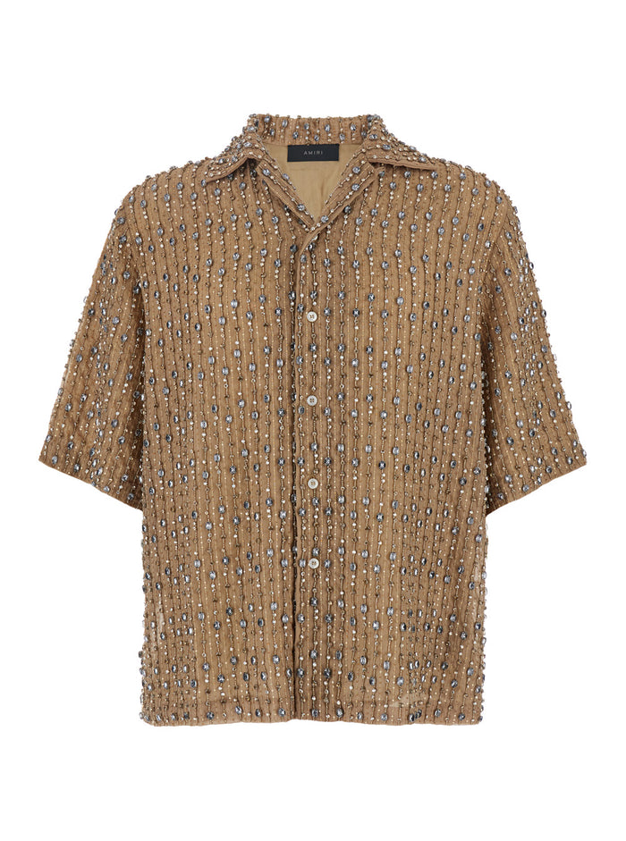 Beige Shirt With All-Over Crystals Details Tech Fabric Man Polyester Nylon And Blouses