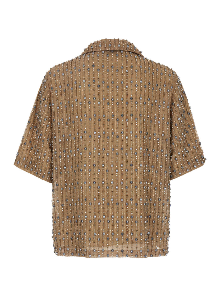 Beige Shirt With All-Over Crystals Details Tech Fabric Man Polyester Nylon And Blouses
