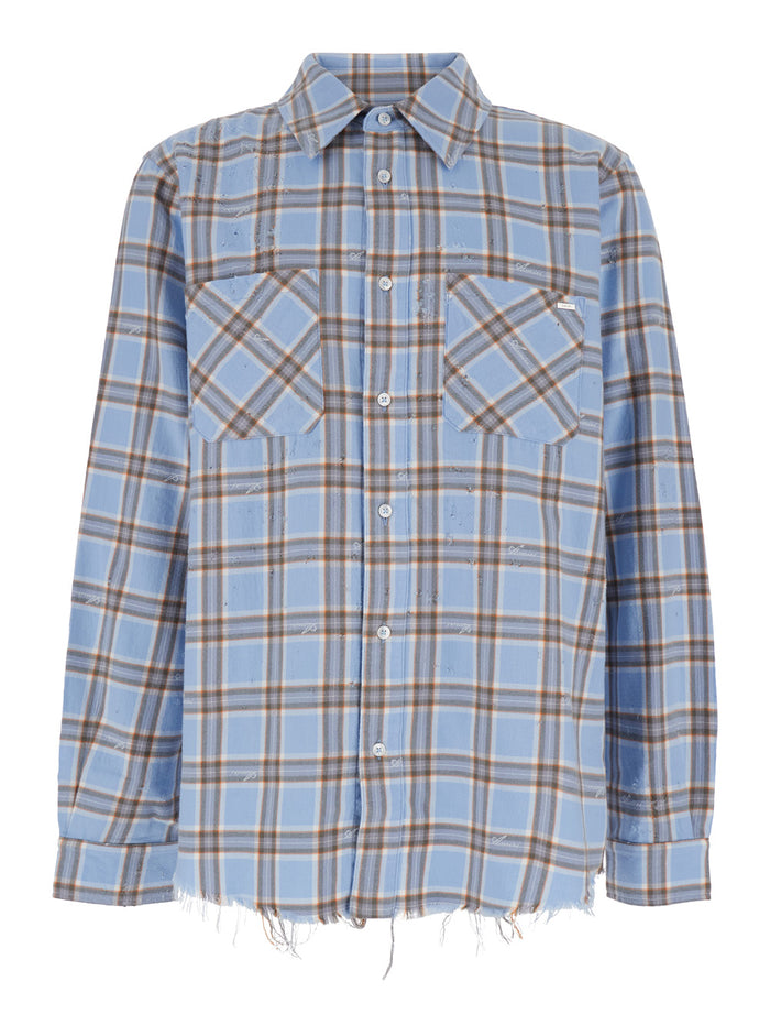 Shotgun Light Blue Shirt With Check Print Vintage Effect Flanel Man Cotton And Blouses