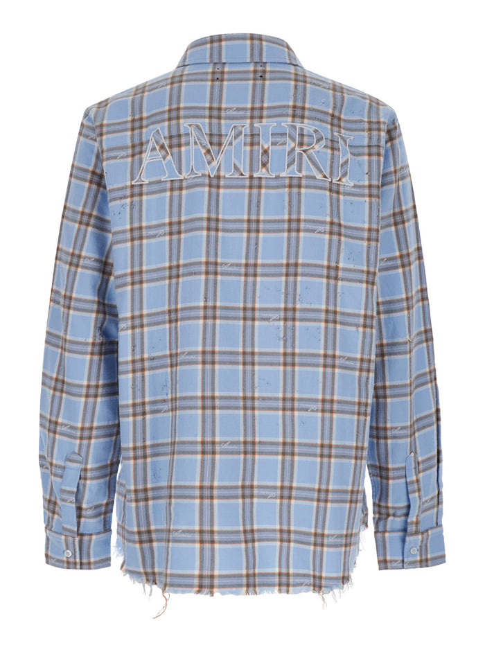 Shotgun Light Blue Shirt With Check Print Vintage Effect Flanel Man Cotton And Blouses