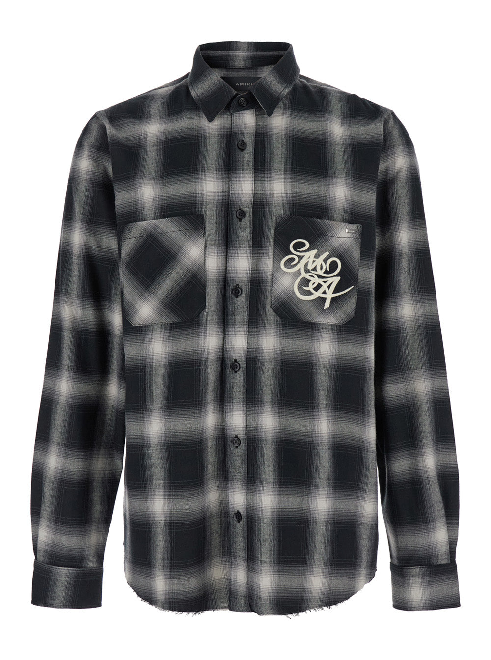 Black Shirt With Logo Lettering And Check Motif Cotton Man Blouses