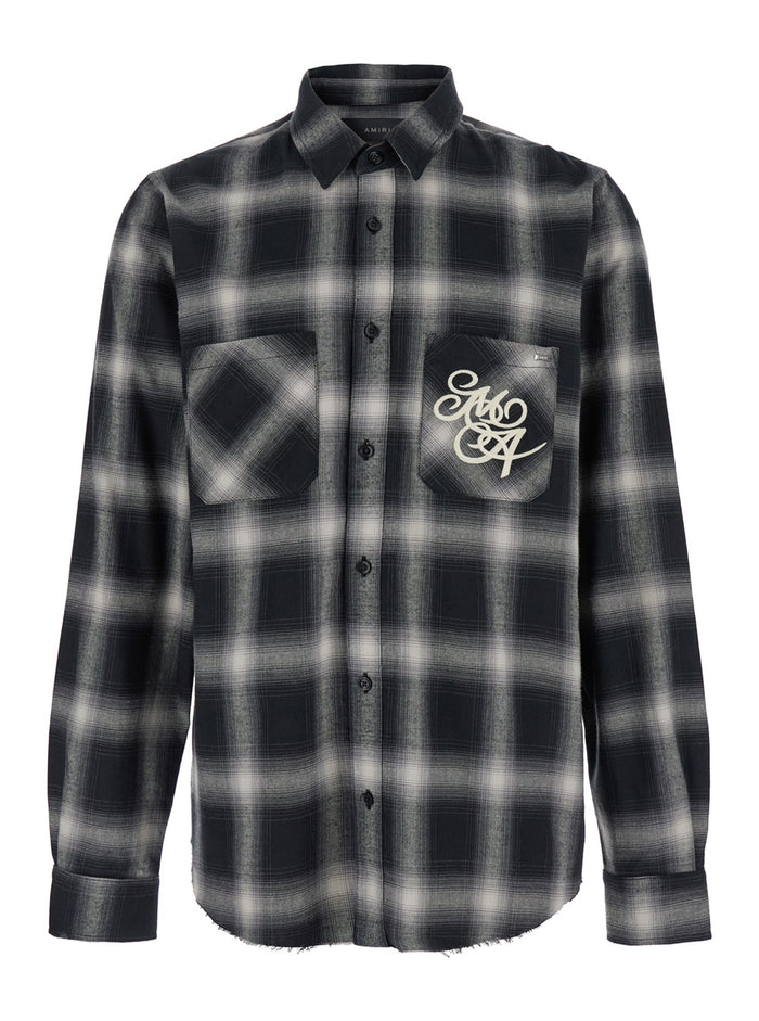Black Shirt With Logo Lettering And Check Motif Cotton Man Blouses