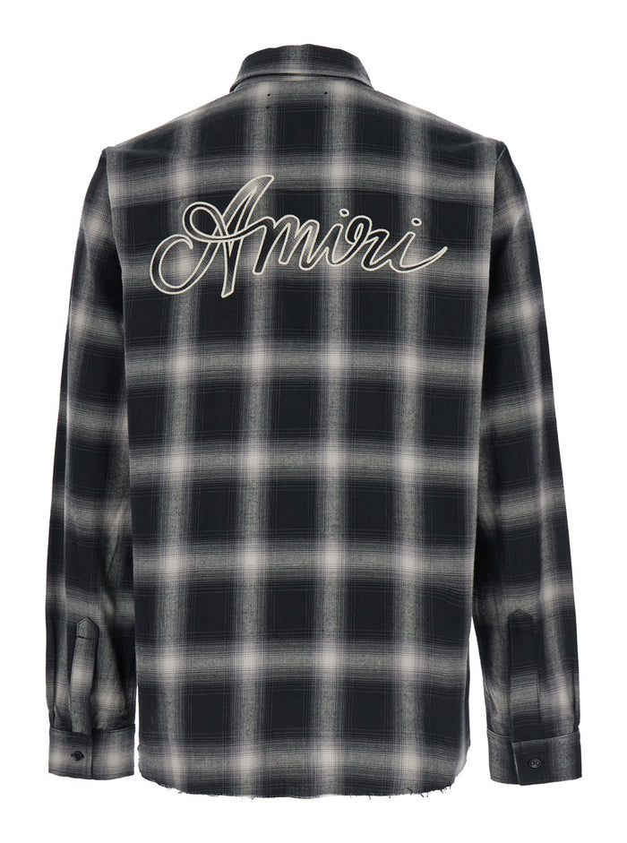 Black Shirt With Logo Lettering And Check Motif Cotton Man Blouses