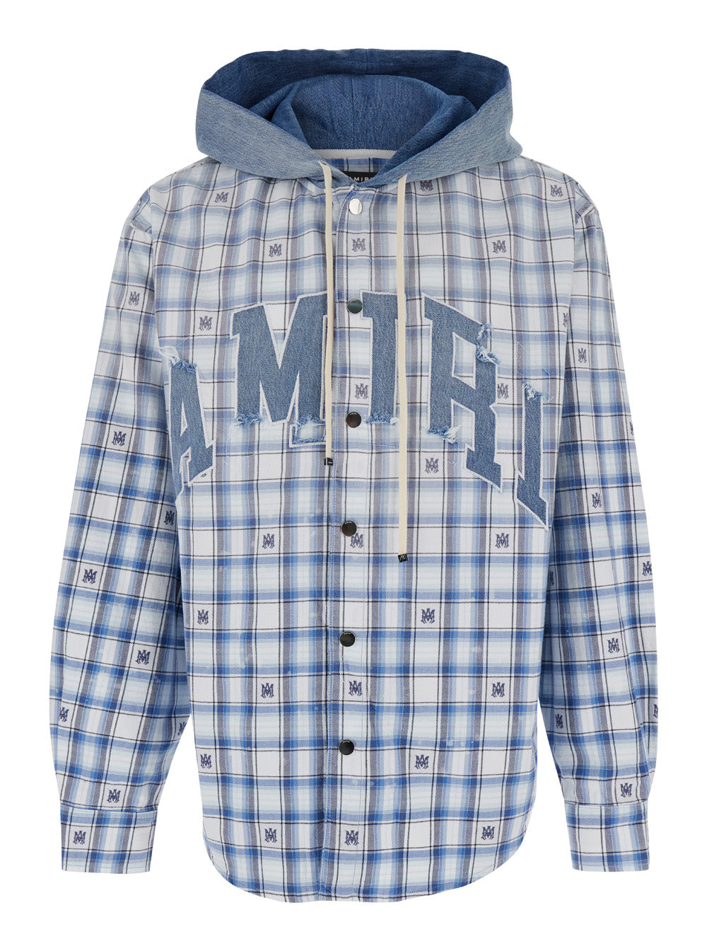 Light Blue Overshirt With Hood And Logo Print Cotton Man Shirts Blouses