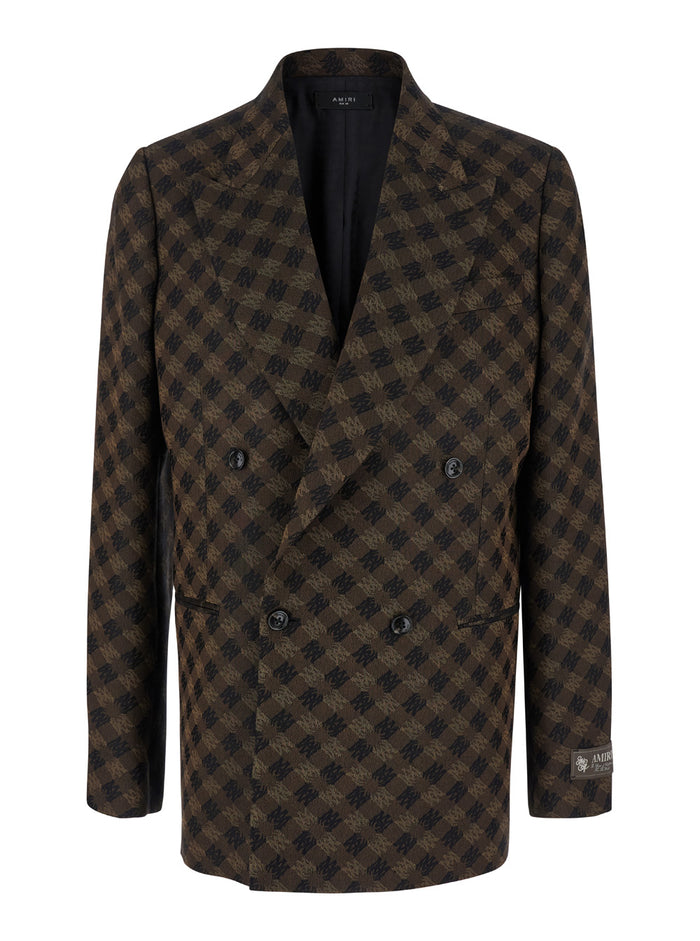 Brown Double-Breasted Jacket With Check Motif Wool Blend Man Viscose Blazers