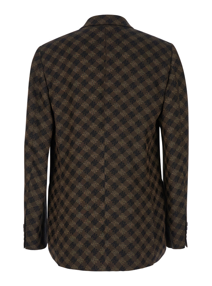 Brown Double-Breasted Jacket With Check Motif Wool Blend Man Viscose Blazers