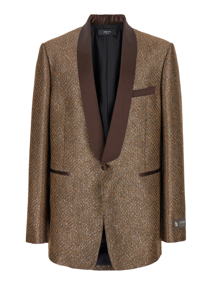 Brown Single-Breasted Blazer With All-Over Paillettes Tech Fabric Man Blazers
