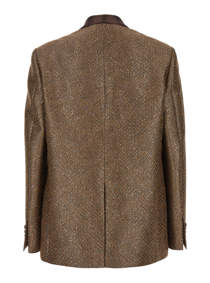 Brown Single-Breasted Blazer With All-Over Paillettes Tech Fabric Man Blazers