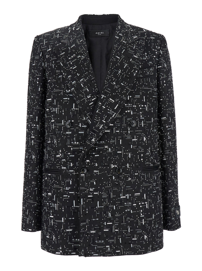 Black Double-Breasted Blazer With Geometric Details All-Over Paillettes Viscose Man Blazers
