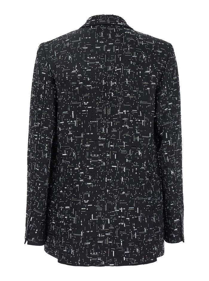 Black Double-Breasted Blazer With Geometric Details All-Over Paillettes Viscose Man Blazers