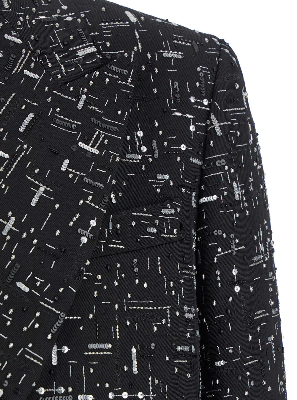Black Double-Breasted Blazer With Geometric Details All-Over Paillettes Viscose Man Blazers