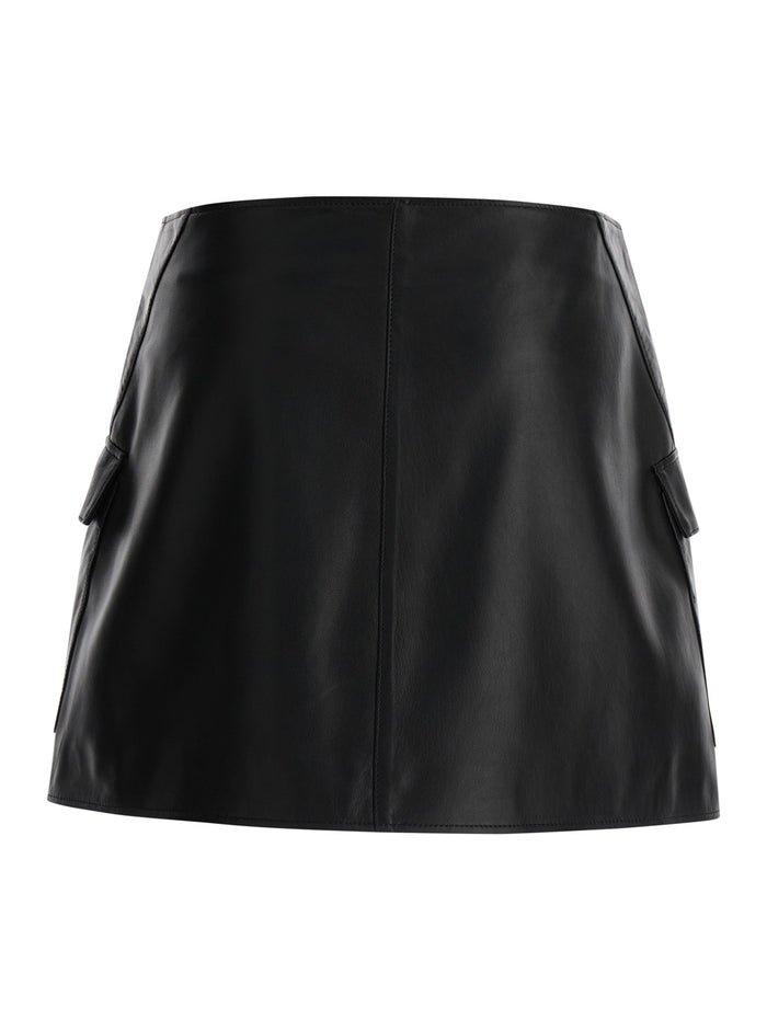 Black Wallet Skirt With Pockets Leather Woman Lamb
