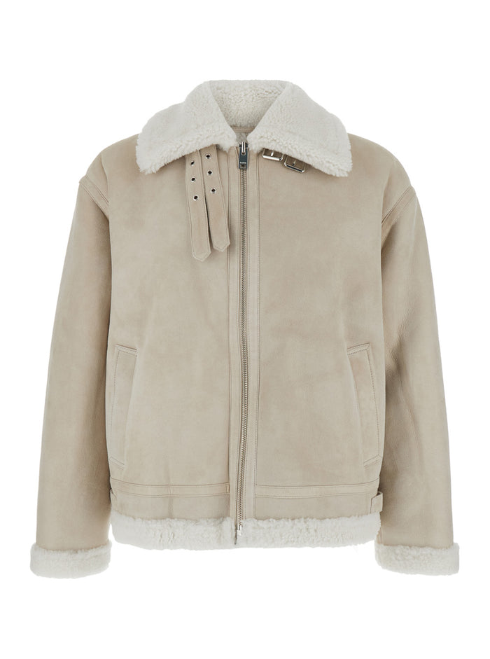 Beige Shearling Jacket With Zip Closure Leather Man Sheep And Furs