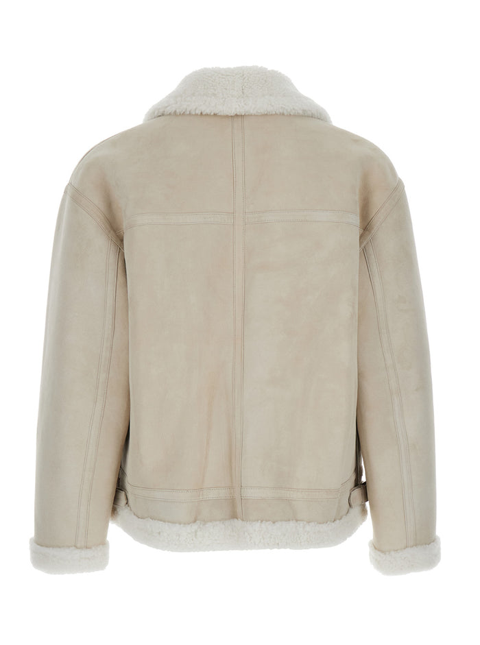 Beige Shearling Jacket With Zip Closure Leather Man Sheep And Furs