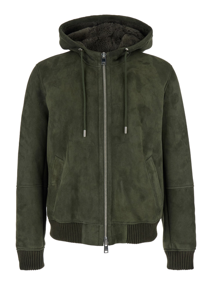 Green Bomber Jacket With Hood Suede Man Shearling And Furs