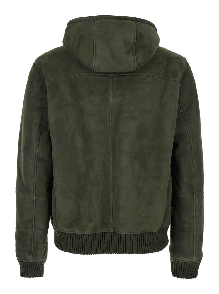 Green Bomber Jacket With Hood Suede Man Shearling And Furs