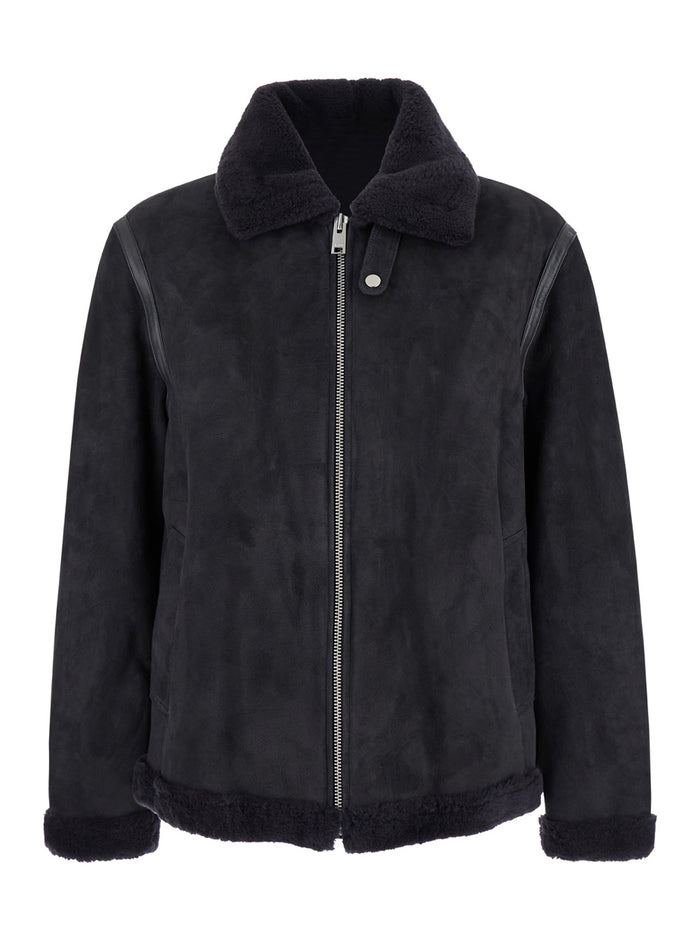 Dark Grey Shearling Jacket With Zip Closure Leather Man Sheep And Furs