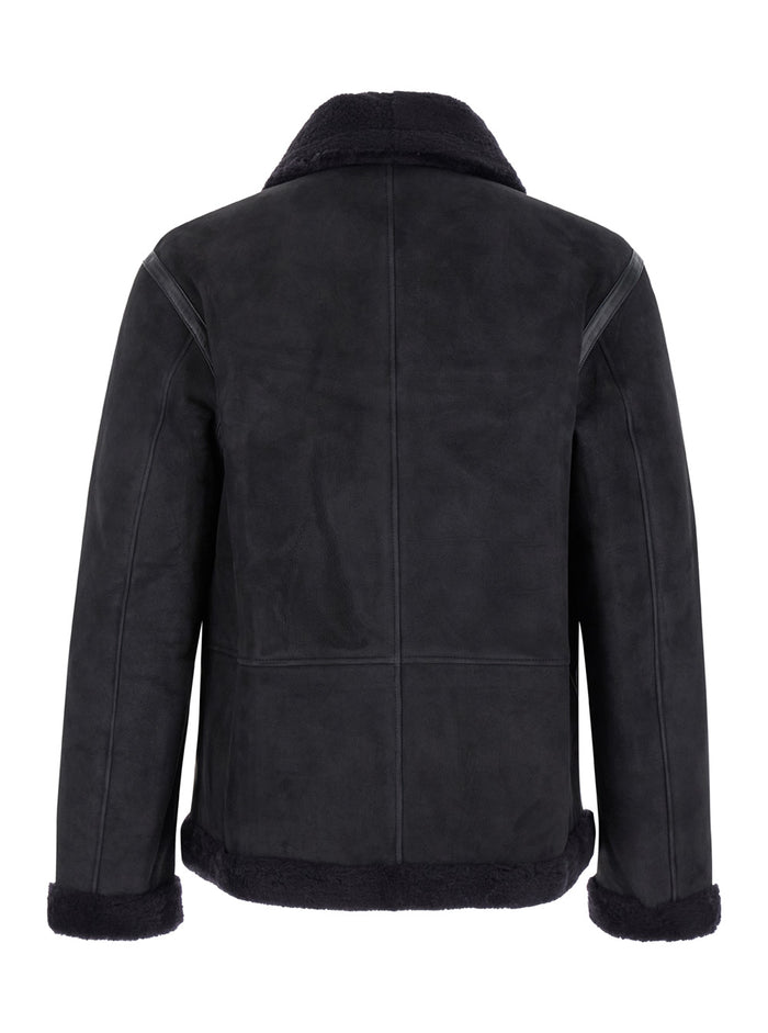 Dark Grey Shearling Jacket With Zip Closure Leather Man Sheep And Furs