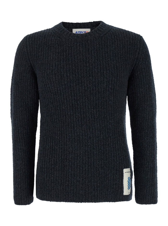 Grey Crewneck Sweater with Logo Patch in Ribbed Wool Man Black Virgin Polyamide Elastam Jersey
