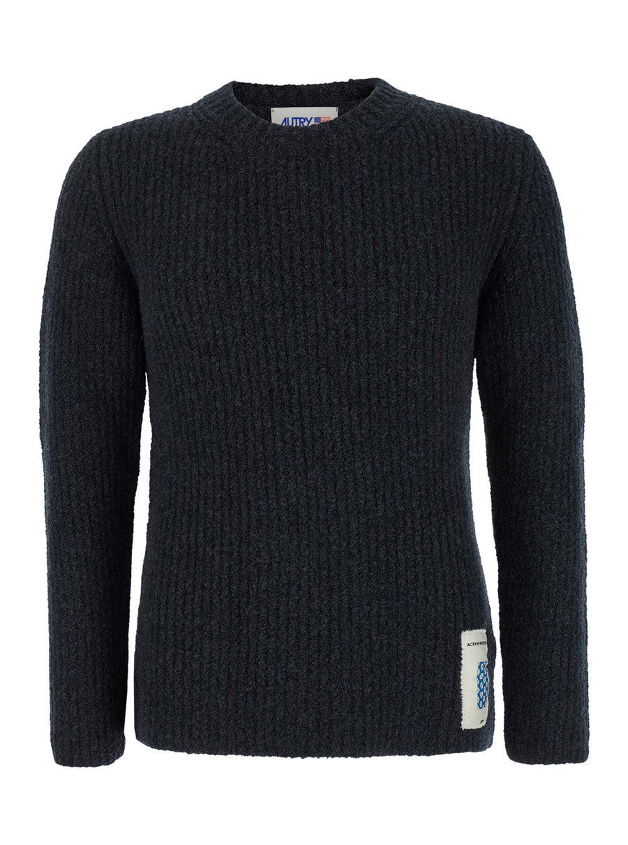 Grey Crewneck Sweater With Logo Patch Virgin Wool Tops