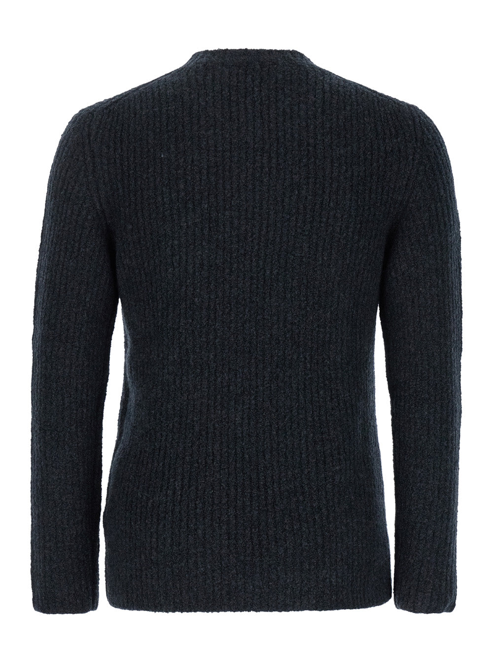 Grey Crewneck Sweater with Logo Patch in Ribbed Wool Man Black Virgin Polyamide Elastam Jersey