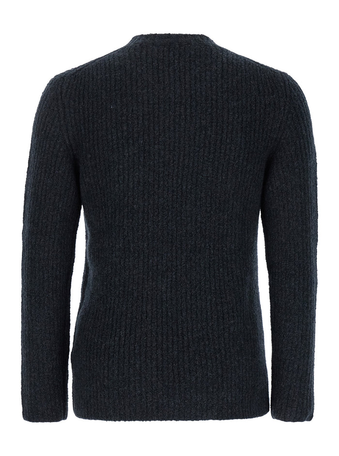 Grey Crewneck Sweater with Logo Patch in Ribbed Wool Man Black Virgin Polyamide Elastam Jersey