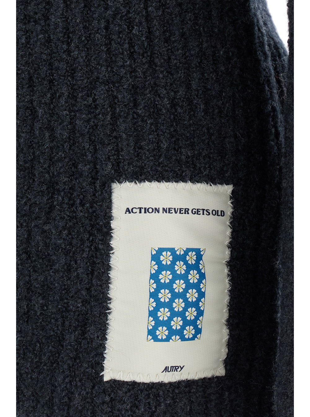 Grey Crewneck Sweater with Logo Patch in Ribbed Wool Man Black Virgin Polyamide Elastam Jersey