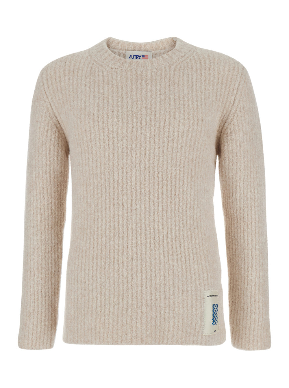 Beige Crewneck Sweater with Logo Patch in Fabric Man Virgin Wool Polyamide Elastam Jersey