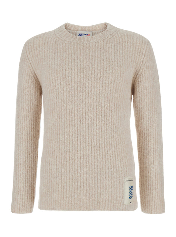 Beige Crewneck Sweater With Logo Patch Virgin Wool Tops