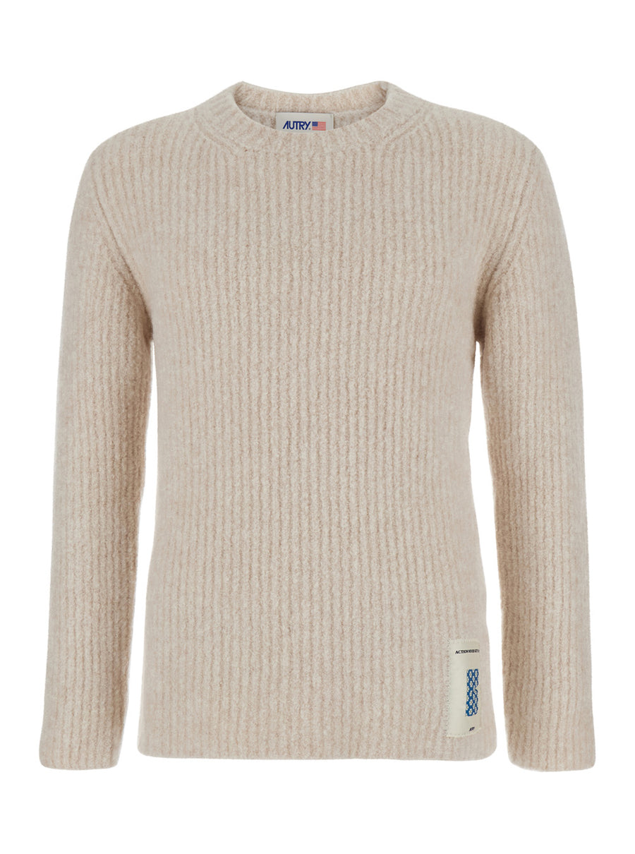Beige Crewneck Sweater With Logo Patch Virgin Wool Tops