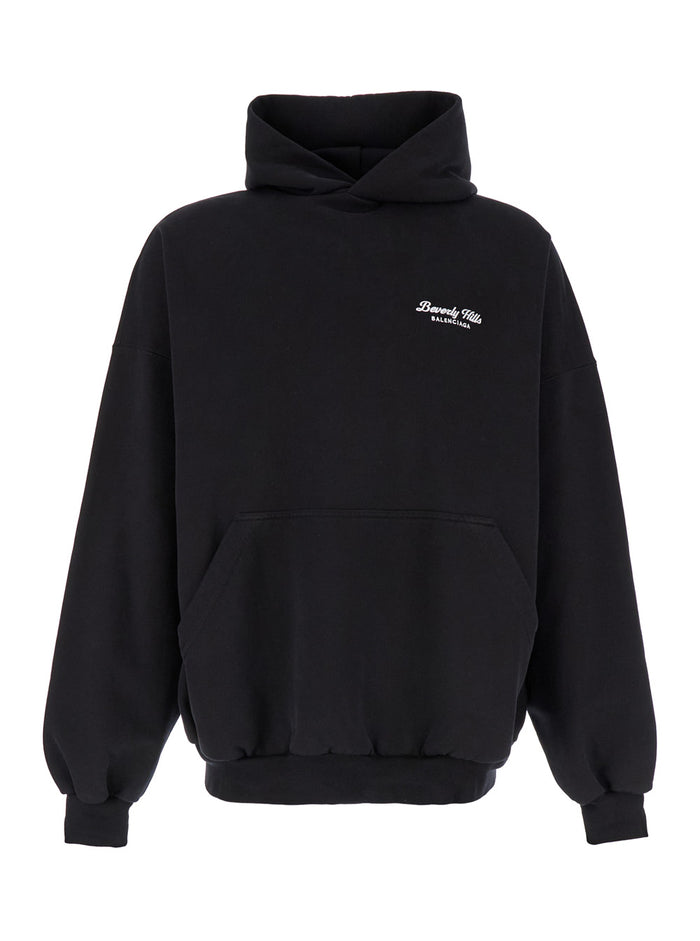 Beverly Hills Oversized Black Hoodie with Logo Print in Cotton Woman Sweatshirts