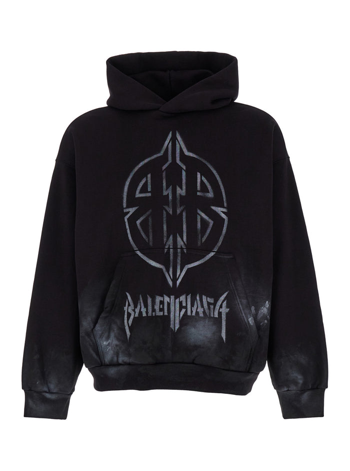 Black Hoodie with Metal BB Stencil Motif in Dirty Effect Cotton Man Sweatshirts