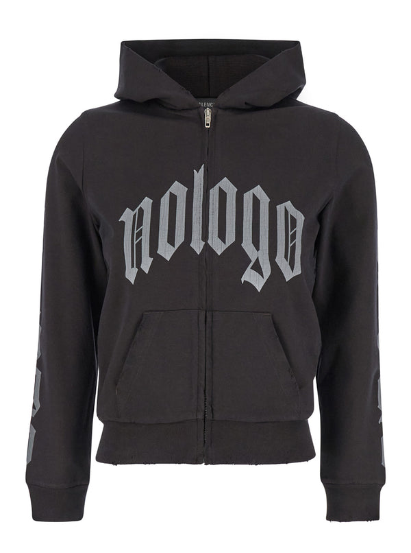 Black Zip-Up Hoodie With Gothic Print Cotton Sweatshirts