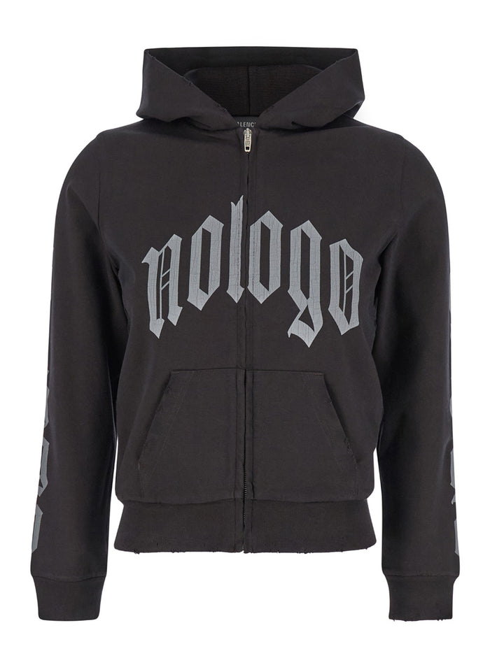 Black Zip-Up Hoodie with No Logo Gothic Print in Jersey Woman Cotton Elastan Sweatshirts