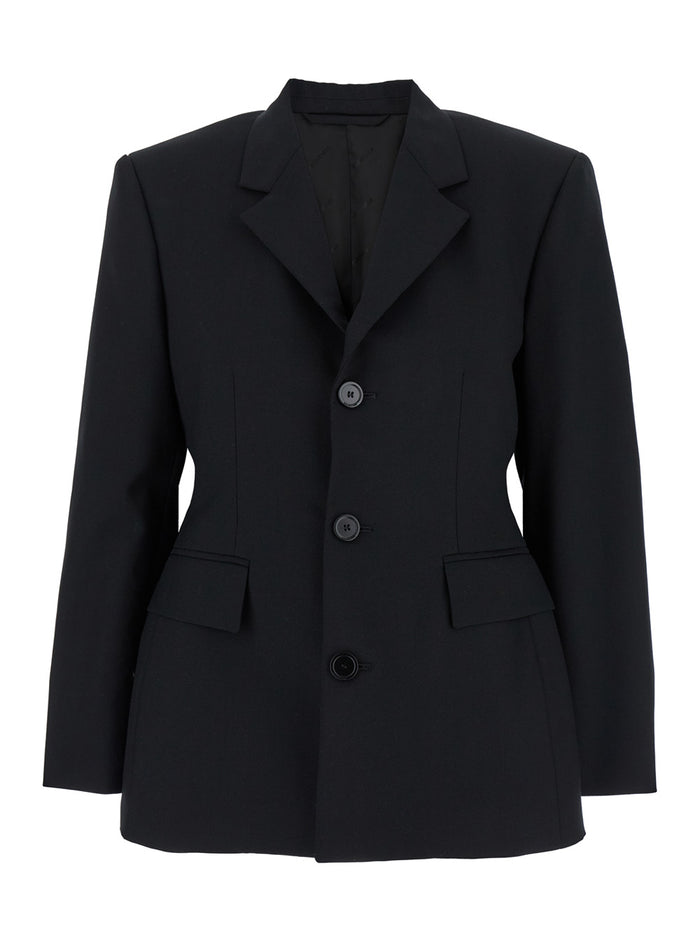 Hourglass Black Single-Breasted Jacket with Notched Revers in Wool Woman Blazers