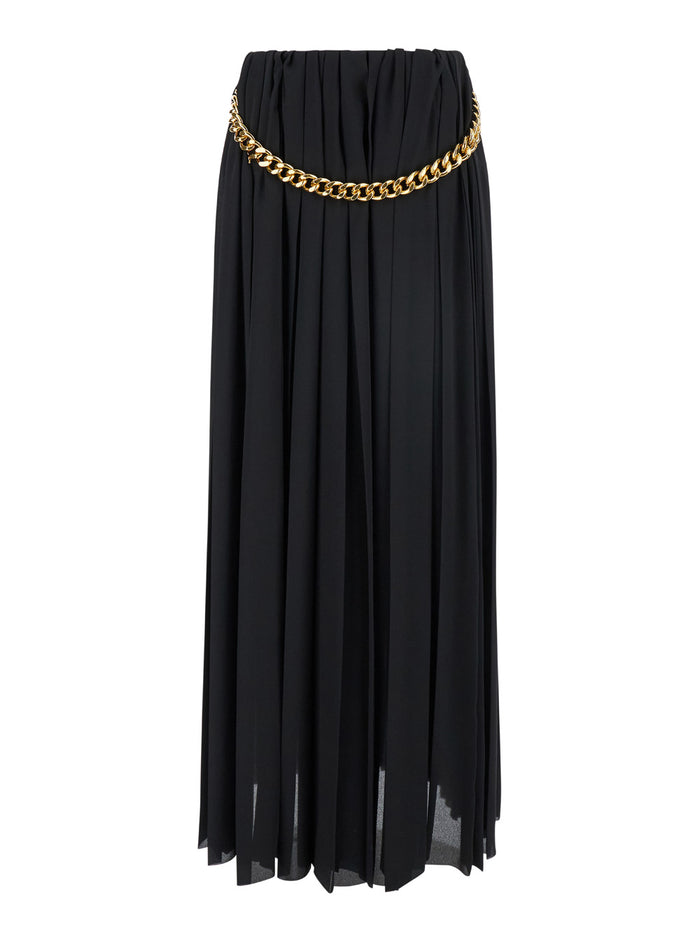 Black Long Pleaded Skirt with Belt in Tech Fabric Woman Polyester