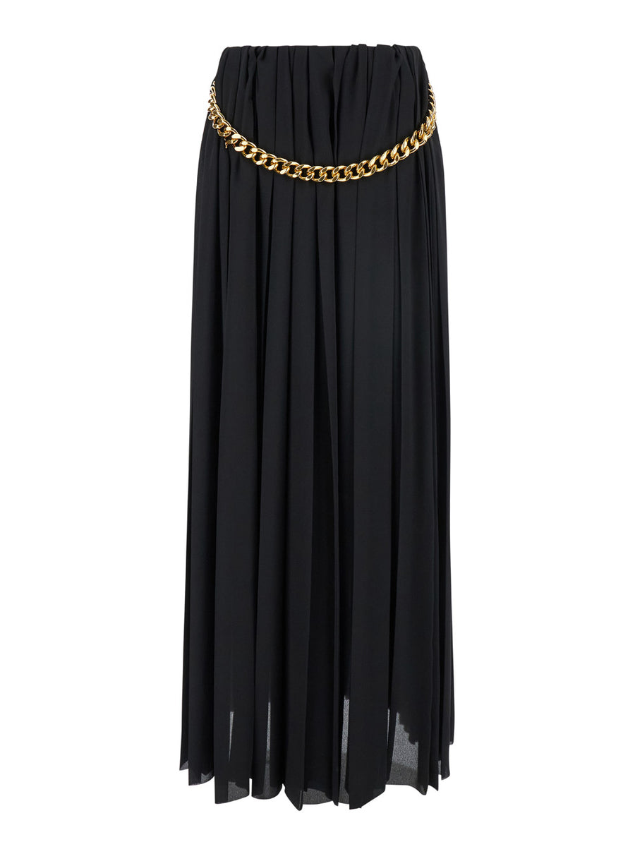 Black Long Pleated Skirt With Belt Polyester