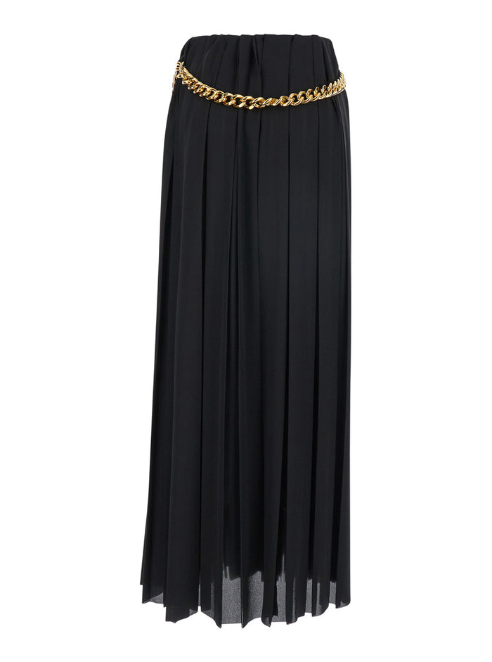 Black Long Pleaded Skirt with Belt in Tech Fabric Woman Polyester