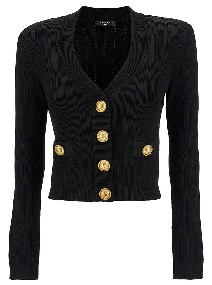 Black Fitted Cardigan With V Neckline And Jewel Buttons Knit Woman Viscose Polyester Jersey