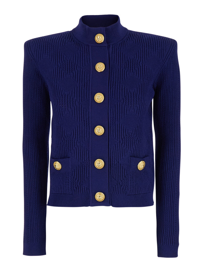 Blue Cardigan With High Neck And Jewel Buttons Viscose Blend Woman Blu Polyester Jersey