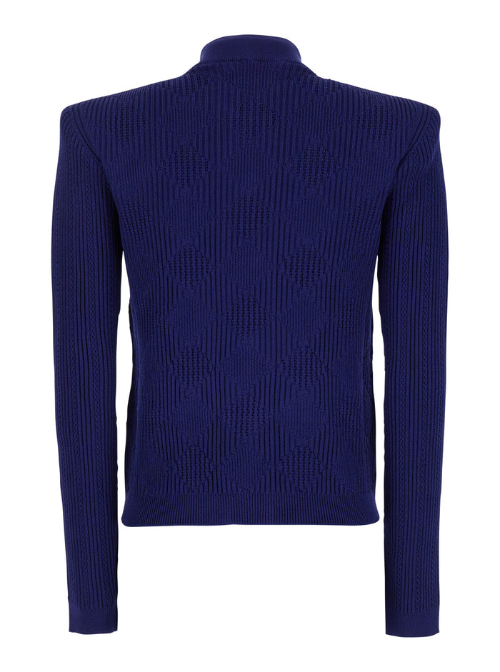 Blue Cardigan With High Neck And Jewel Buttons Viscose Blend Woman Blu Polyester Jersey