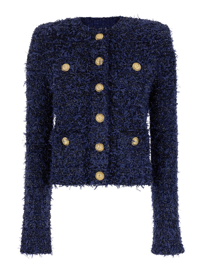 Blue Collarless Jacket With Gold Buttons Tweed Woman Blu Polyamide Viscose Polyester Blazers